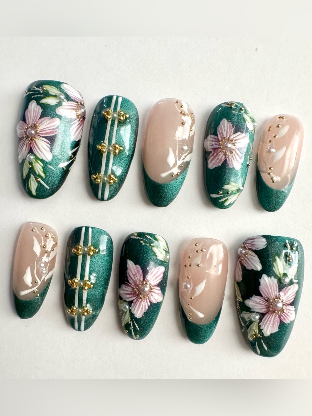 Emerald Green & Nude Press-On Nails with Gold Bead Accents